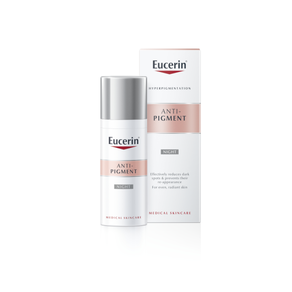 Eucerin Antipigment Noční Krém 50ml.

Vlastnosti:


	Účinně redukuje pigmentové skvrny a brání jejich opakovanému výskytu.
	Podporuje obnovu buněk pleti během spánku.
	První výsledky jsou viditelné po dvou týdnech a při pravidelném používání se stav pleti dále zlepšuje. 
	Klinické a dermatologické studie prokázaly velmi dobrou účinnost a kožní snášenlivost.
	Nezanechává mastný film, jemná parfemace.


Aktivní složky:


	Thiamidol je účinná a patentovaná složka, která cíleně řeší příčinu vzniku hyperpigmentace snížením tvorby melaninu.
	Dexpanthenol je známý svojí schopností podporovat regeneraci pleti během spánku. 


S čím kombinovat:

 


	Denní péče: Antipigment Denní krém
	Hloubková péče: Antipigment Sérum s duálním účinkem
	Čištění: Dermatoclean čisticí gel nebo čisticí pleťové mléko
	Tonizace: Dermatoclean čisticí voda