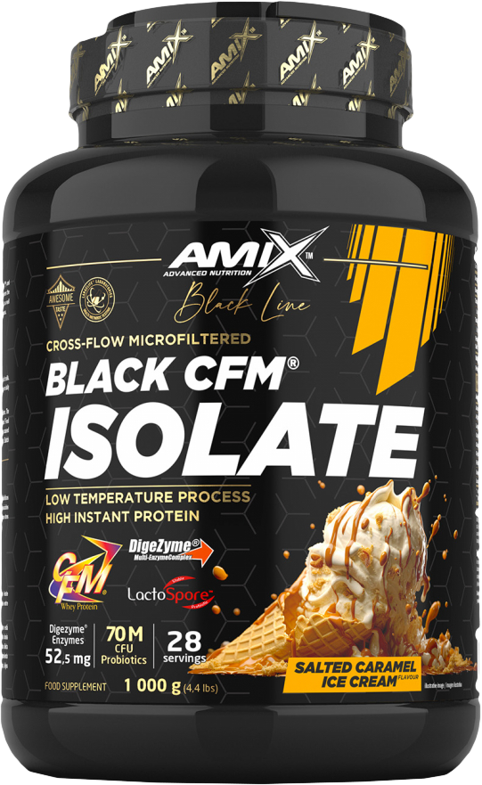 Amix Black CFM Isolate 1000 g slaná karamelová zmrzlina.