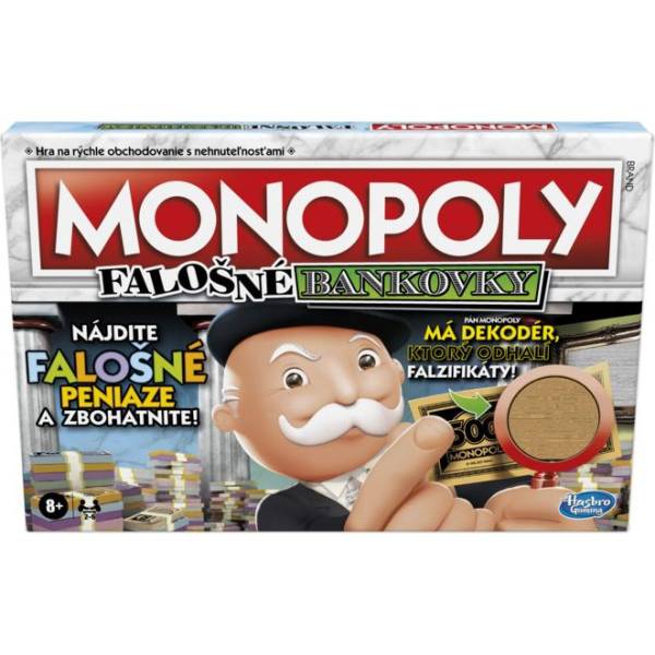 Hasbro Monopoly falešné bankovky SK verze.

<p>Tentokrát do hry vstupuje myšlenka „Co mi ještě projde?“, ovlivněná verzí hry Monopoly Cheaters.

<p>Úkolem je najít falešné peníze, pokud spoluhráč platí, lze pomocí dekódéru zkontrolovat, zda jsou jeho bankovky falešné.

<p>Kdo má na konci nejvíce peněz, vítězí.</p>

<p><strong>Obsah balení: </strong></p>

<ul>
	<li>hrací plocha, 6 figurek</li>
	<li>22 karet Kupní smlouva</li>
	<li>24 karet Šance, 14 karet Pokladna</li>
	<li>12 kartonových žetonů Dekóder</li>
	<li>12 hotelů, 2 kostky, balíček peněz</li>
</ul>

<p><strong>Kupte dětem Monopoly a hrajte s nimi!</strong></p>

<p><strong>Vhodné </strong>pro děti <strong>od 8 let</strong><br />
Počet hráčů: 2 – 6</p>

<p> </p>