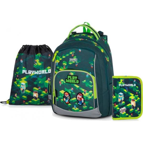 Oxybag Set 3dílný Oxy Go Playworld.

<p>Žáci první i druhé třídy do aktovky pohodlně umístní všechny potřebné pomůcky.</p>

<p><strong>Skladba aktovky</strong>:</p>

<ul>
	<li>dvě hlavní vnitřní kapsy, dno z pevného materiálu</li>
	<li>anatomické tvarovaní pro správné posazení na zádech</li>
	<li>vnitřní i vnější vyztužení zad pro udržení pevného tvaru</li>
	<li>prodyšné polstrování, měkčené popruhy pro rovnoměrné zatížení ramen</li>
	<li>zapínání na bezpečnostní přezku, přední kapsička je určena na svačinu</li>
	<li>reflexní prvky pro větší viditelnost a tím i bezpečnost</li>
</ul>

<p><strong>Skladba penálu</strong>:</p>

<ul>
	<li>neplněný jednopatrový penál s 2 chlopněmi</li>
	<li>gumová poutka v počtu 25 ks k uchycení psacích potřeb</li>
	<li>uvnitř průhledná fólie pro rozvrh hodin</li>
</ul>

<p><strong>Vak: </strong></p>

<ul>
	<li>určený pro úschovu a přenos cviček, přezůvek nebo převlečení</li>
	<li>uzavírá se stažením šňůrek v horní části</li>
</ul>

<p><strong>Vyberte školáčkům parádní školní set!</strong></p>

<p><strong>Vhodné</strong> pro děti<strong> od 6 let</strong><br />
Materiál: 100% polyester</p>