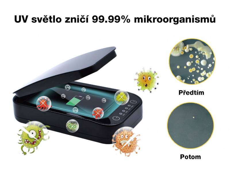 FIXED UV sterilizér pro mobilní telefony s nabíjením, bílý.
Sterilizér FIXED po spuštění ozáří vložený telefon nebo jiný drobný předmět (roušky, klíče, hodinky) UV paprsky a během 10 minut rychle a účinně zlikviduje 99,9% nebezpečných virů a bakterií.
Elegantní sterilizační pouzdro je vybaveno i funkcí aroma difuzéru, která po přidání esenciálního oleje provoní vložený předmět příjemnou vůní.
Sterilizér FIXED UV bude skvělý doplněk pro každý telefon 7