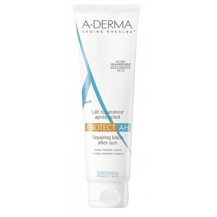 A-derma Protect AH reparační mléko po opalování 250ml.


	Intenzivně hydratuje a obnovuje pokožku.
	Zklidňuje pokožku po opalování.
	Chrání kůži před dalším poškozením buněk po vystavení slunečnímu záření.
	Obnovuje ochrannou bariéru pokožky.
	Svěží textura, jemná parfemace.


Účinné látky:


	Extrakt z výhonků (mladých rostlinek) ovsa Rhealba®, získaných z organického zemědělství, posiluje a chrání kožní bariéru, má prokázaný protizánětlivý účinek.
	Kyselina hyaluronová napomáhá obnovovat pokožku a hydratovat.


Francouzská dermokosmetická značka A-DERMA je specialistou na křehkou kůži celé rodiny.