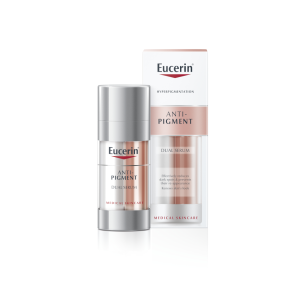 Eucerin Antipigment Sérum S Duálním účinkem 30ml.

Vlastnosti:


	Rychle se vstřebává.
	Jemná parfemace.
	Nezanechává mastný film.
	Lehká konzistence.


Aktivní složky:


	Thiamidol vysoce efektivní aktivní složka je výsledkem desetiletého výzkumu a klinické i dermatologické testy prokázaly, že zmírňuje tmavé skvrny a brání jejich opakovanému výskytu. Thiamidol cíleně řeší příčinu vzniku hyperpigmentace snížením tvorby melaninu v pleti.
	Koncentrovaná kyselina hyaluronová je jedna z nejúčinnějších hydratačních látek, která pomáhá pleti přitahovat a zadržovat hydrataci. 


S čím kombinovat:

 


	Noční péče: Antipigment Noční krém
	Denní péče: Antipigment Denní krém
	Čištění: Dermatoclean čisticí gel nebo čisticí pleťové mléko
	Tonizace: Dermatoclean čisticí voda